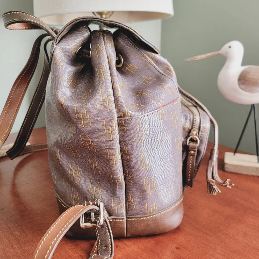 Dooney & Bourke DB Monogram Backpack Pewter Gray Coated Canvas Leather Bag